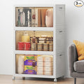 UAMFURI Stackable Storage Bins with Lids, 144QT Closet Organizers, Lockable Storage Cabinet, Foldable Storage Box with Doors and Wheels, Plastic Drawers for Home, Garage, Office (3, White, Medium)