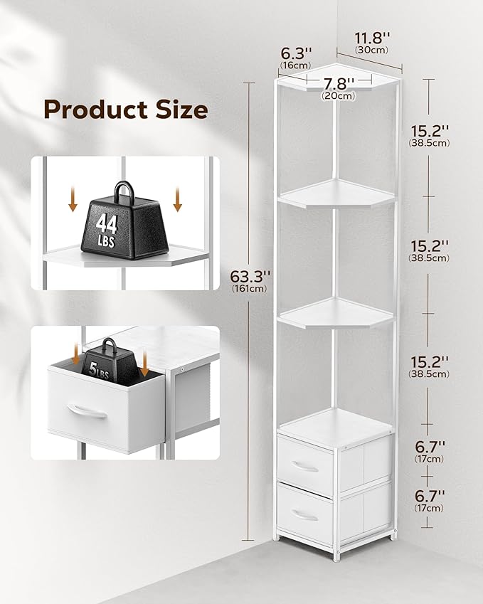 Housolution Corner Shelf Stand with Storage, 63.4'' Tall 6-Tier Corner Bookshelf Includes Fabric Drawers, Freestanding Corners Storage Shelf for Living Room Bedroom Kitchen Bathroom (White)