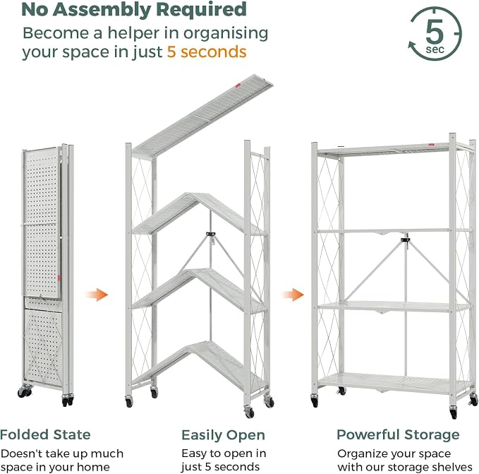 DEANIC 4 Tier Foldable Storage Shelves with Wheels, Large Capacity Shelving Unit, Freestanding Metal Wire Shelf Rack, No Assembly Organizer Rack for Garage Kitchen, Basement, Pantry(Grey Pack of 2)