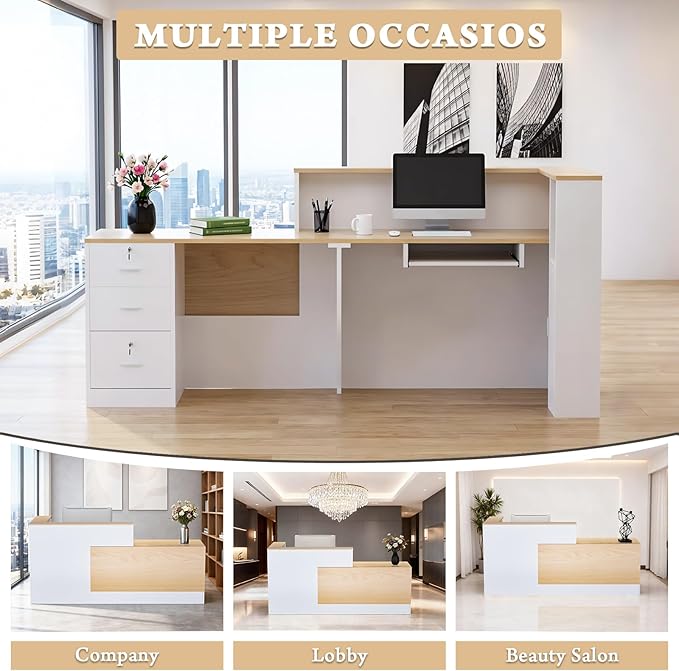 Ceridwen L-Shaped Large Wooden Reception Desk, Modern Front Desk Reception Counter with Lockable Drawers, Storage & Keyboard Tray for Office Lobby Checkout (Right-Oak & White, 71''L x 34''W x 41''H)