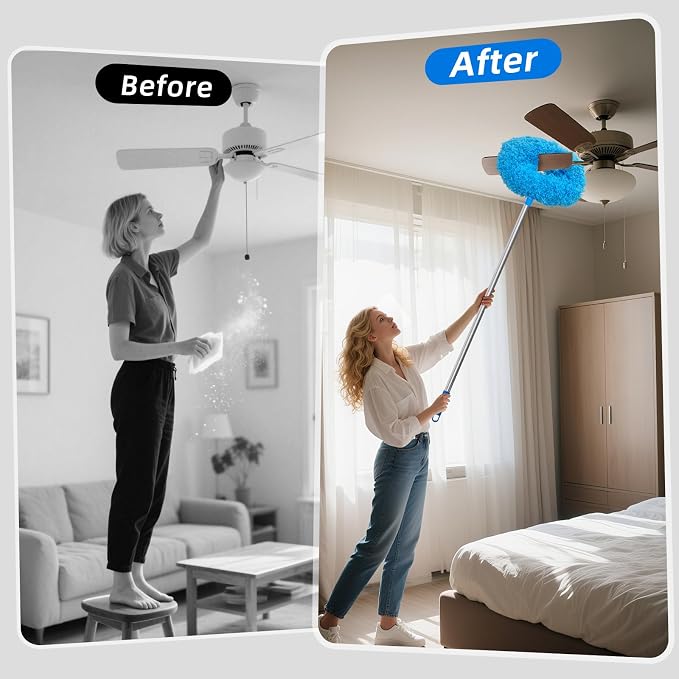 DRQ Ceiling Fan Cleaner Duster, Reusable Microfiber Duster with Extension Pole, 13 to 81 Inch Fan Blade Cleaner, Removable Dusters for Cleaning Walls Bookshelves Door Window Top (Blue)