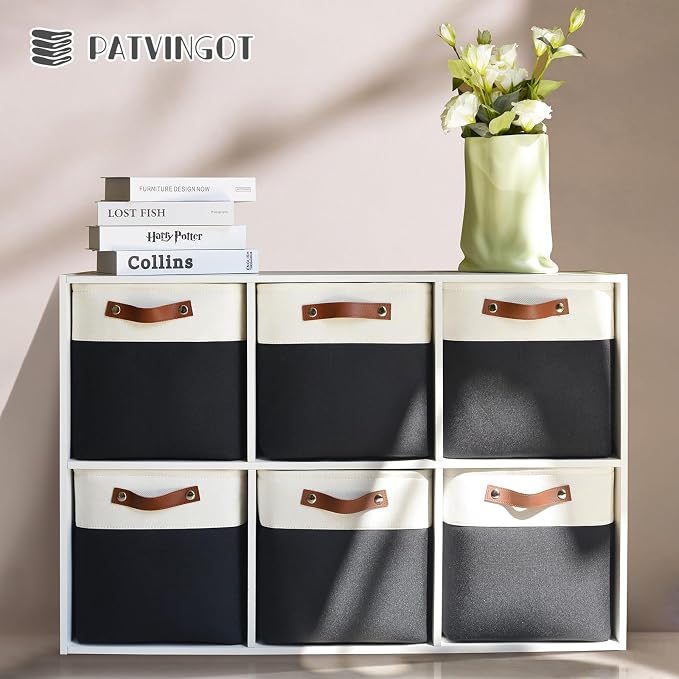 Patvingot Fabric Storage Cubes 11", 6 Pack, with PU Pull Handles,Foldable | For accessories on cube shelves or in closets; reinforced opening, pull-out access, folds flat when empty,white and black