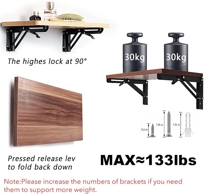 Folding Shelf Brackets - 12 Inch 2 Pcs Heavy Duty Shelf Brackets, Collapsible Shelf Bracket, DIY Wall Mounted Foldable Shelf, Table Brackets, Space Saving with Screws