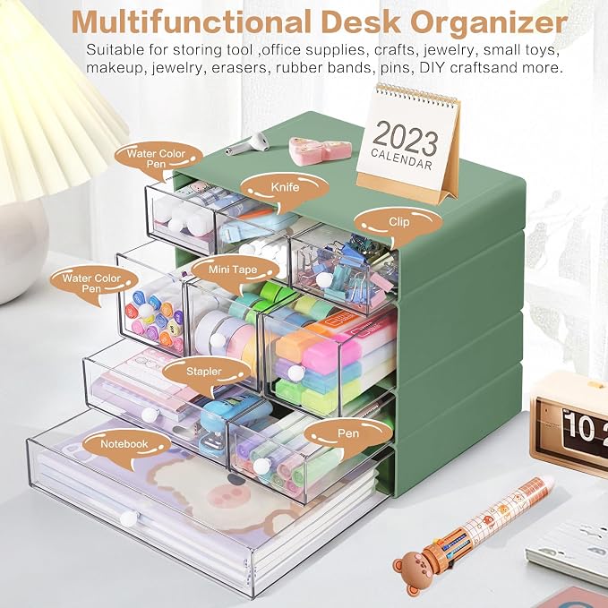 Desk Storage Organizer with 9 Drawers, 4 Tiers Stackable Desktop Craft Storage Drawers, Clear Storage Box Caddy for Stationary Makeup Jewelry Office Craft Supplies (Green)