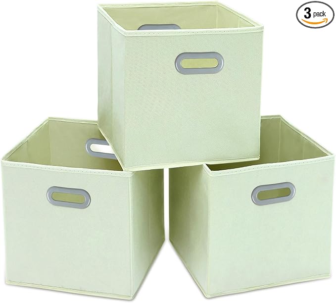 STOREONE Fabric Storage Bins Cubes Baskets Containers-(11X11X11) with Dual Handles Cube Storage Organizer Bins for Shelf Closet, Bedroom Organizers, Foldable Set of 3 (Creamy- White )