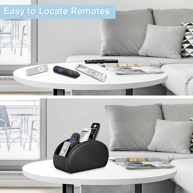 FINTIE Remote Control Holder, 5 Compartments Vegan Leather TV Remoter Caddy Desktop Organizer Makeup Brush Holder Storage Fits TV Remotes, Media Controllers, Office Supplies(Black)