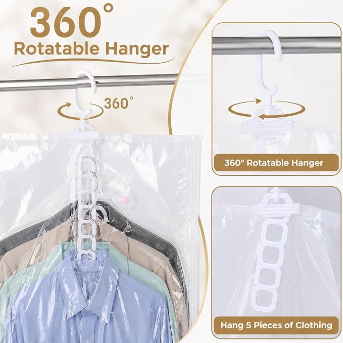 6 Pcs Clear Hanging Vacuum Seal Bags for Clothing 43.3" x27.6" | Reusable Compressed Space Saver Vacuum Storage Bags Vacuum Seal Storage Bag for Closet Organizer Suits Coats Jackets Dress