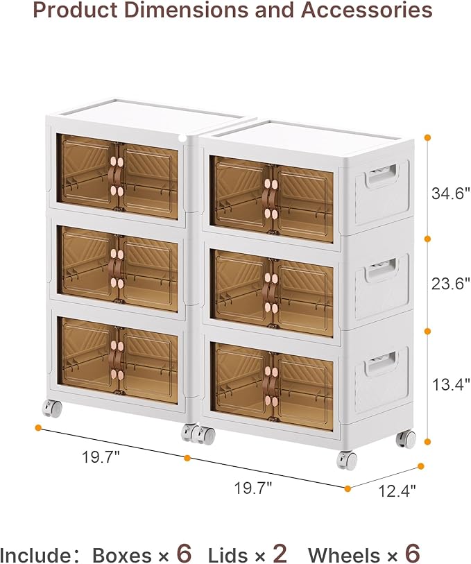 Stackable Storage Bins with Lids, Collapsible Storage Boxes, Foldable Plastic Storage Drawers for Bedroom,Office, Dorm (6, White, M)