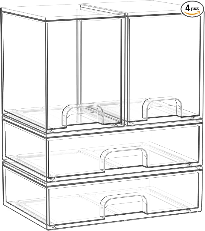 Clear Stackable Storage Drawers: Baby Bottle Storage Organizer, Acrylic Bottles Station Organizer Container for Countertop, Vanity, Bathroom, Cabinet Organization - 4 Pack