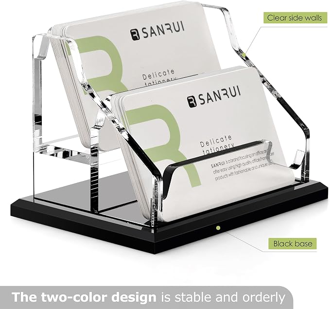 SANRUI Acrylic Business Card Holder, Black Business Cards Display Stand for Desk, Clear Horizontal 2 Slot Desktop Organizer , 120 Card Capacity