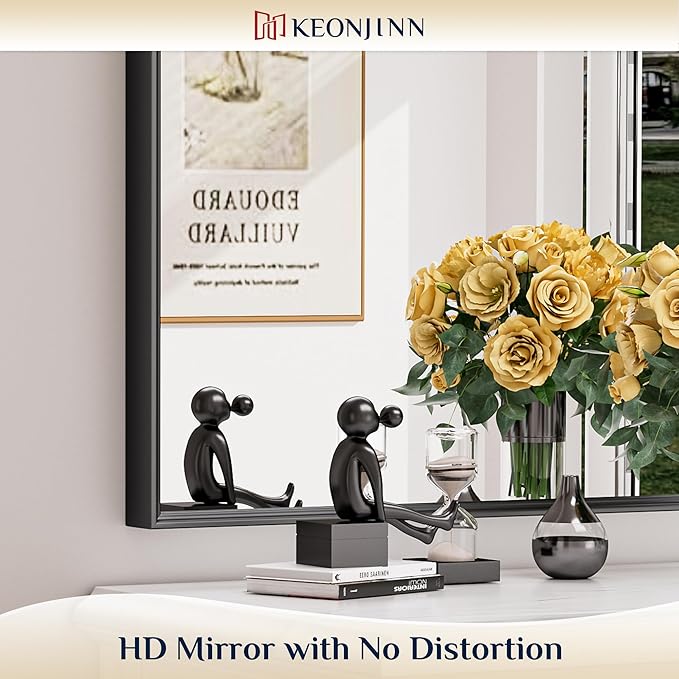 Keonjinn Black Bathroom Mirror 22 x 30 Inch, Stainless Steel Metal Framed Wall Mirror for Over Sink, Anti-Rust, Tempered Glass, Upgrade Installation, Rectangluar Square Corner, Matte Black