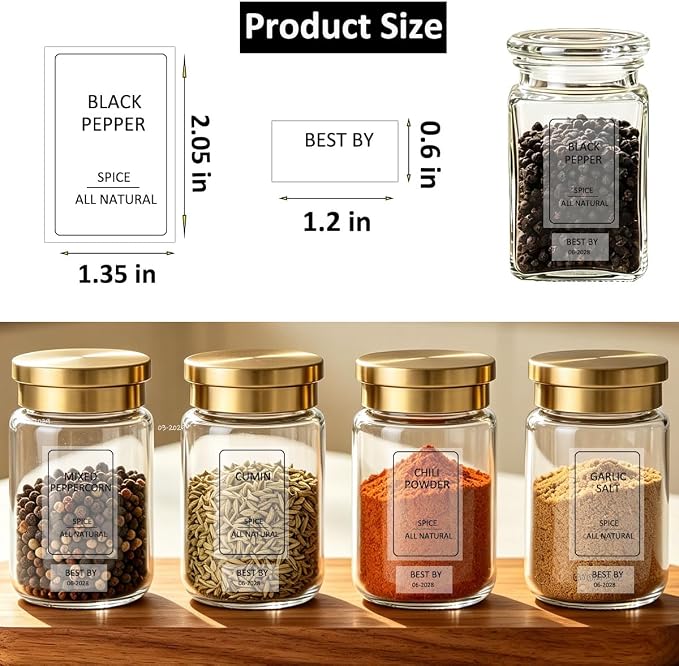 256 Spice Labels, Preprinted Minimalist Waterproof Stickers Removable Transparent Blank Label Expiration Date Labels Tear Resistant Sticker for Kitchen Jars Food Containers Spice Organizers Storage