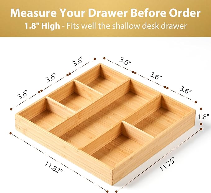 Umilife Bamboo Desk Drawer Organizer, Wood Office Junk Tray, 12"x12" | 1.8" Tall for Shallow Drawer - Adjustable dividers - Anti Slip Silicone Pads - Versatile Storage Box in Kitchen, Pantry
