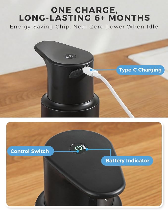 Automatic Foaming Soap Dispenser Touchless, 304 Stainless Steel Bottle Body | 16.2oz/480ml,USB Rechargeable, 3 Adjustable Liquid Levels, IPX7 Waterproof, for Kitchen Bathroom, Black