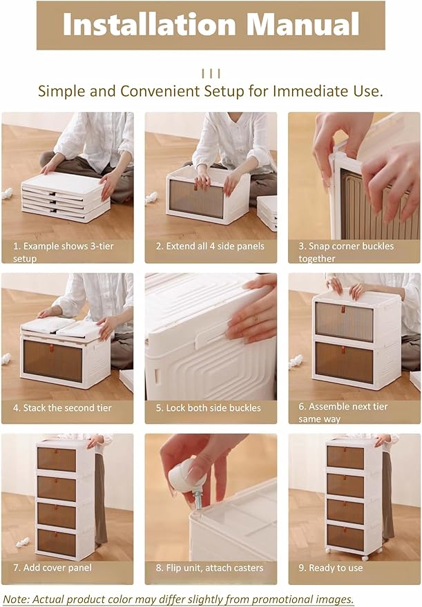 Foldable Storage Bins Boxes with Lid Wheels and Magnetic Door, Collapsible Stackable ABS Organizer for Kitchen Cloakroom Closet Living Room & Office(5 Tier)