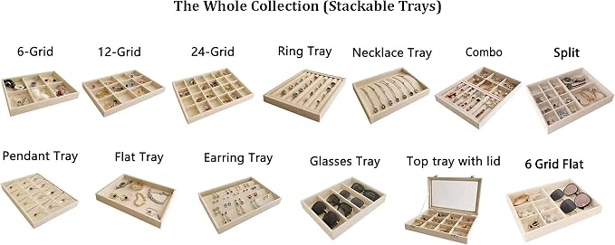 Premium Grade Beige Velvet Jewelry Organization Tray Multifunction 6 Grid Open Tray Drawer Insert Closet Divider Stackable Organizer
