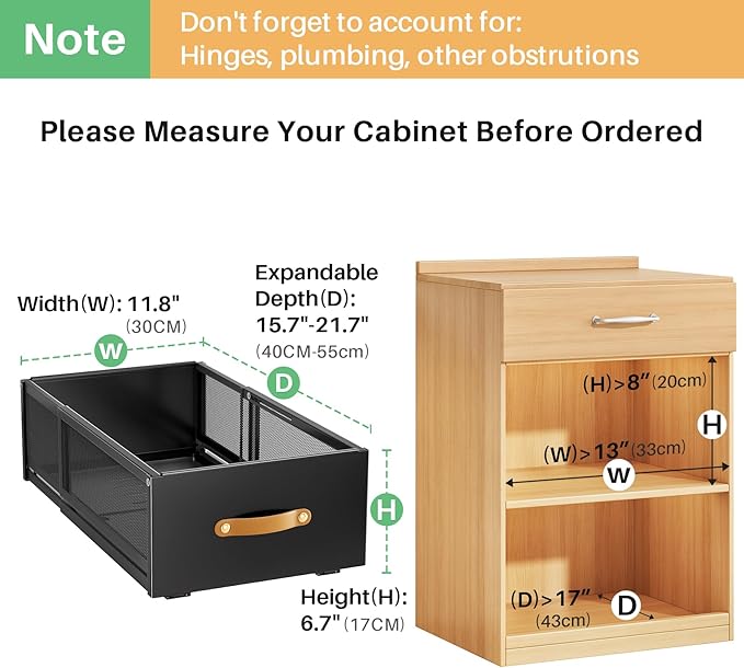 Pull out Cabinet Organizer, Expandable Depth(15.7"-21.7") with Raising Pad for Framed Cabinets, Heavy Duty Slide out Drawers, Adhesive Roll Out Shelves for Kitchen, Pantry Storage(Black, 1-Pack)
