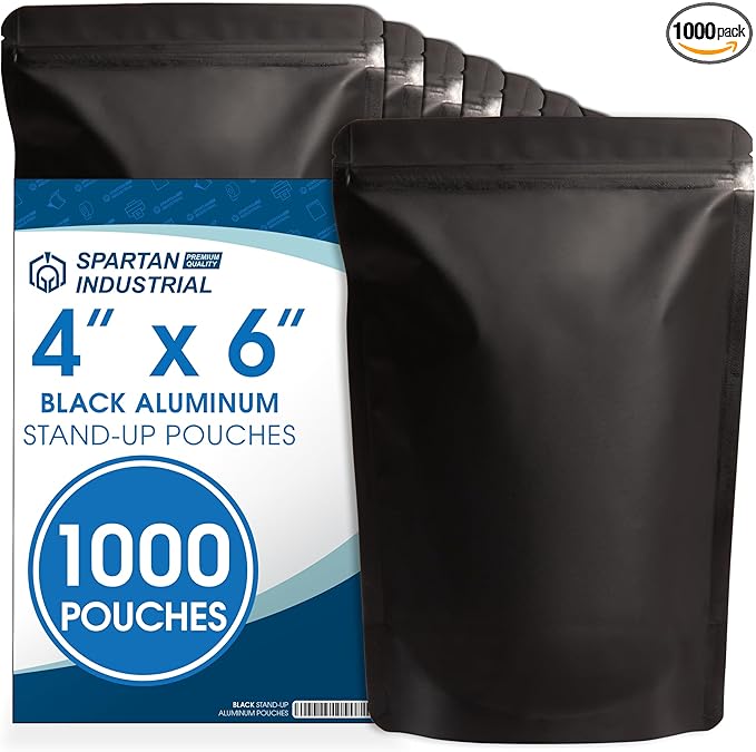 Spartan Industrial 4" X 6" Matte Black Stand-Up Pouches - 1000 Count Smell-Proof Mylar Bags for Food Storage With Heat Sealable Opening and Resealable Zipper