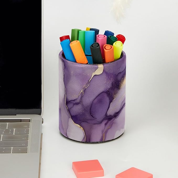 Faux Leather Pen Holder for Desk, Pencil Organizer Purple Marble Pen Cup Desk Decor Makeup Brush Holder Storage for Office Home