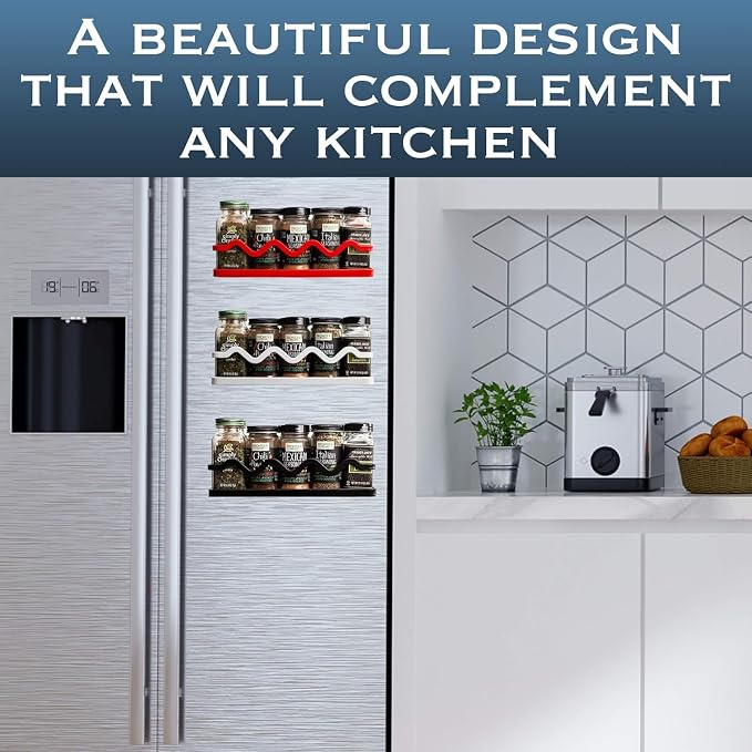 Magnetic Spice Rack Holder For Refrigerator Organizer Tier Kitchen Metal Cabinet Space Saver Great For Jars Bottle Vitamins (White, 2)