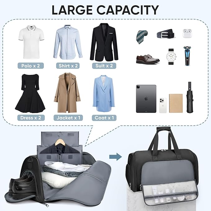 BALEINE Travel Garment Bag, Travel Suit Bag for Men, Water Resistant Carry on Garment Bag for Hanging Clothes, Garment Duffel Bag for Travel Business (Pure Black-Convertible)
