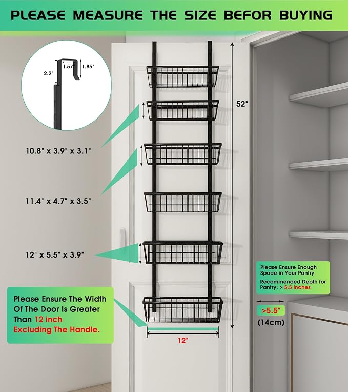 Mefirt 12 Inch Wide Narrow Over The Door Pantry Organizer, Pantry Organization and Storage, Black Metal Hanging Deep Basket Wall Spice Rack Seasoning Shelves, Home & Kitchen Essentials, Apartment