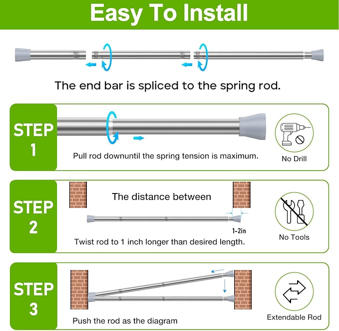 HAOYUNIE 2 Pack Tension Curtain Rods, 28-49 Inches Adjustable Spring Tension Rods, No Drill No Slip, for Windows, Doorway, Bathroom & Closet (silver)