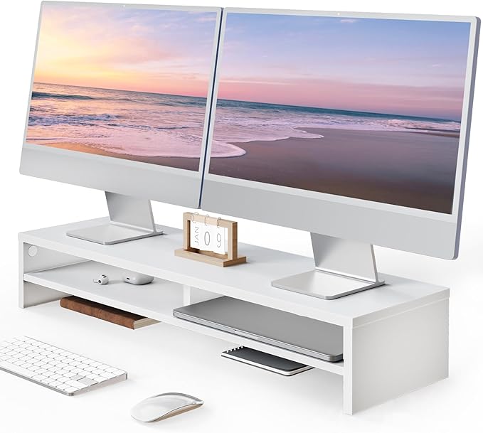Fenge 31.5 Inch Dual Monitor Stand Riser for Desk, White | Wooden Desk Shelf, 2-Tier Open Storage Compartment, for PC Laptop Screen Printer, Home Office Desktop Organizer