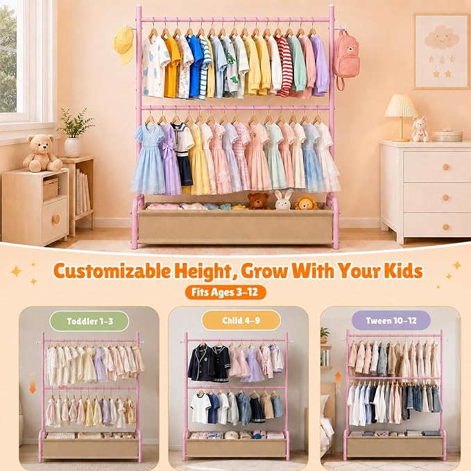 Kids Clothing Rack with Double Rod, Storage Basket & Hooks, Height Adjustable Kids Clothes Rack, Portable Baby Dress Up Garment Rack for Princess Dresses, Pink