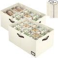 OIAHOMY 2 Pack Shoe Organizer for Closet, Large Foldable Shoe Storage Bins with Dividers and Reinforced Handles, Each Clear Cover Sneaker Box Fits Up to 24 Pairs for Entryway and Bedroom, Beige