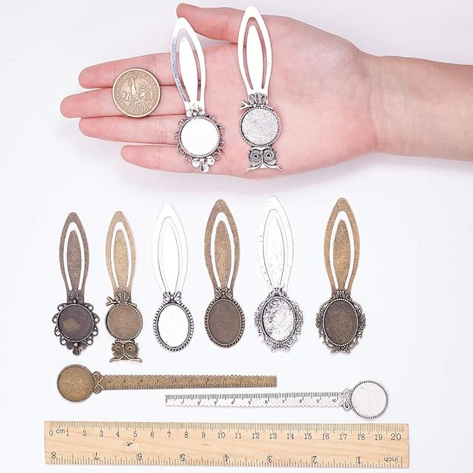 SUNNYCLUE 12Pcs 2 Styles Ruler Bookmark Pendant Tray Kit with 8Pcs Bookmark Cabochon Setting 4Pcs Ruler Cabochon with Clear Oval Round Glass Cabochon for DIY School Office Supplies Book Gifts Making