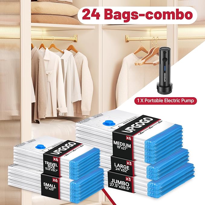 UPGOGO Combo 24 Pack Vacuum Storage Bags with Portable Electric Pump,Vacuum Seal Bags for Clothing,Space Saver Bags,Vacuum Travel Bags for Luggage
