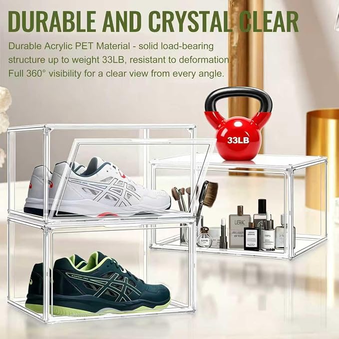 12 Clear Acrylic Shoe Box,Stackable Organizer for Everyday Footwear | Fits size 14 sneakers,casual shoes and athletic footwear.Clear acrylic design with magnetic door & dustproof storage. 12 Pack