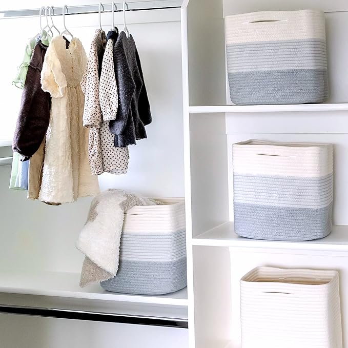 NaturalCozy Storage Cubes 11 Inch Cotton Rope Woven Baskets for Organizing, 3-Pack | Cube Storage Bin | Square Storage Baskets for Shelves Organizer, Classroom, Kids Toy Bins, Closet, Baby Nursery