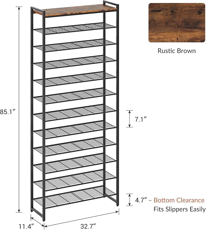12 Tier Shoe Rack Organizer for 48-60 Pairs, Tall Metal Shoe Storage Shelf with Wood Top, Adjustable Boot Space, Narrow Design for Entryway Closet, Rustic Brown and Black