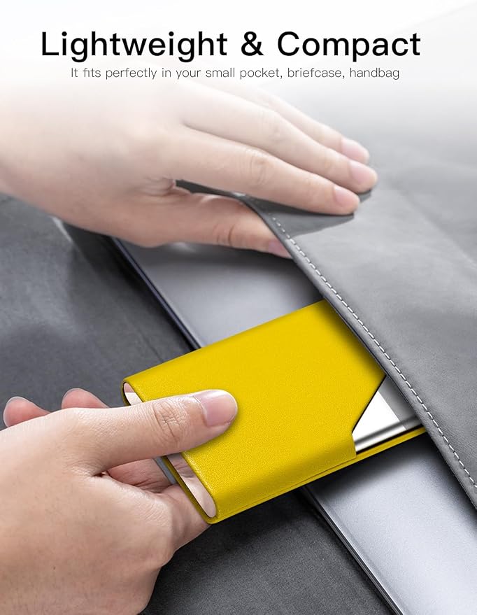 Padike Business Card Holder, Upgraded Leather Business Card Case Pocket Card Holders for Men or Women, Metal Slim Name Card Holder RFID Blocking Business Card Carrier with Magnetic Closure (Y-YE)
