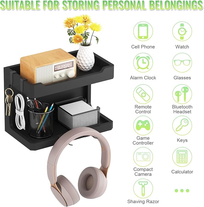 NiHome Bedside Wall Shelf Organizer, Wood 2-Tier Floating Nightstand, Black | Dual Mount Adhesive Or Screw, 4 DIY Hooks, Cell Phone Glasses Holder, College Dorm Room Essentials