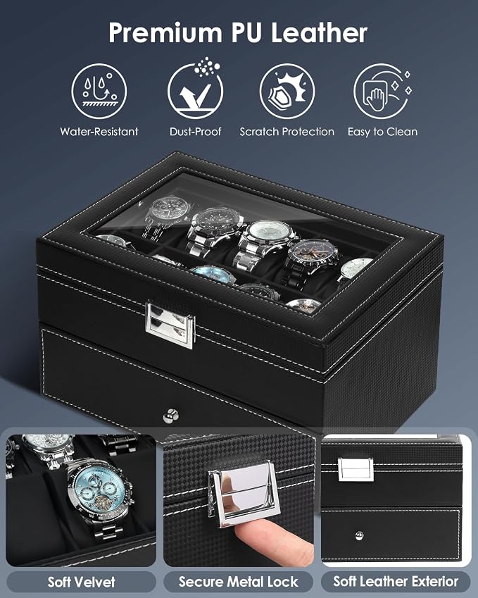 Kukikan Watch Case, 20-Slot 2-Layer Watch Box with Large Glass Lid, Watch Storage Organizer with Removable Watch Pillows, Men's Jewelry Box with Lock, Watch Holder Display Case, Fathers Day Gift