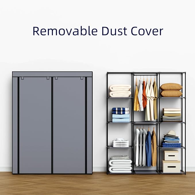 Portable Closet, Wardrobe Closet with 10 Storage Shelves and 2 Hanging Rods, Non-Woven Fabric Cover, 52.4 x 18.1 x 66.6 Inches Closet Organizer for Bedroom, Gray