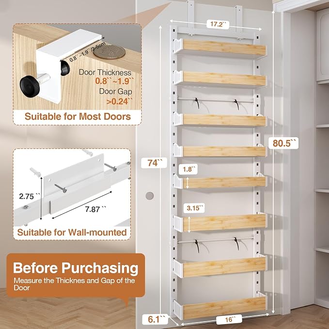 8-Tier Over The Door Pantry Organizer, Heavy-Duty Metal Wall Mount or Hanging Spice Rack, behind the door storage Shelves with Adjustable Basket, Back of Door Organizer for Kitchen Cabinet and Closet