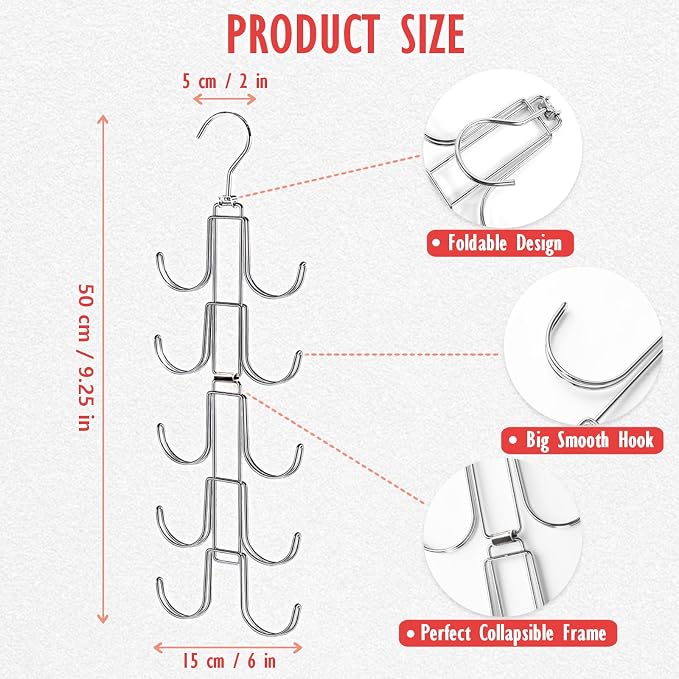 Handbags Purse Organizer for Closet: Bag Rack Hanger with 10 Big Hooks - 360° Rotation Purse Hanger for Display - Collapsible Space Saving for Handbag Belt Scarve Tie - 1 Pack Silver