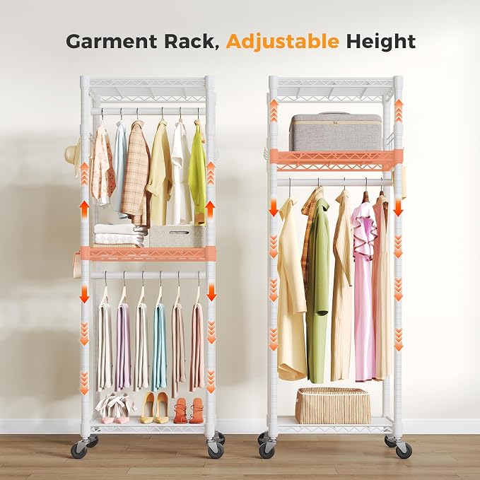 NEWBULIG Heavy Duty Clothing Rack with Wheels, 3-Tier Adjustable Wire Garment Rack, Metal Freestanding Closet Organizer System with Double Hanging Rods & 8 Side Hooks, 23" x 15" x 75", White