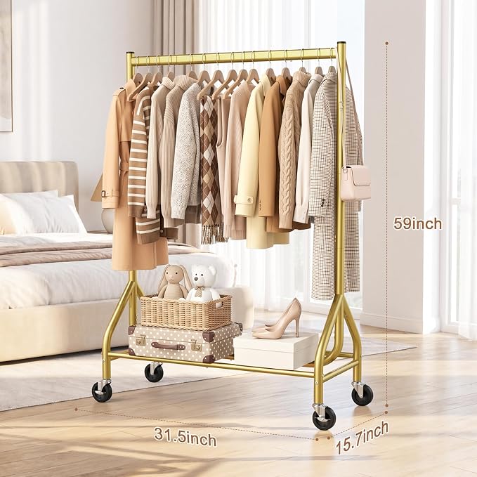 EAGMAK Heavy Duty Clothes Rack Load 268 LBS, 31.5 inch Hanging Rod, Gold | Metal Frame, Stable Base, Compact Size, Rolling Smooth, For Bedroom Closet Entryway Laundry Living Room Home Garage Storage