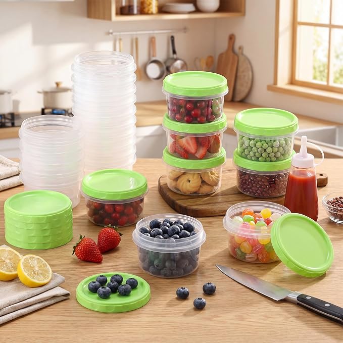 Sieral 16 Pack 8 oz Freezer Containers with Lid Reusable Deli Freezer Storage Containers Stackable Plastic Ultra Thick Twist Top Jar for Takeout Food Round Wide Mouth Lunch Snack (Green)