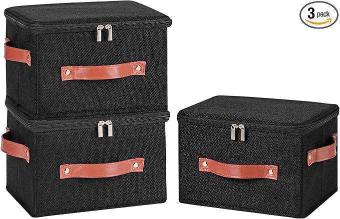 3PCS Storage Bins Boxes with Zippered Lids Cotton Linen Fabric Decorative Basket PU Leather Handles PP Plastic Board Foldable Lidded Clothing Shelf Closet Organizer Container (Black, Small)
