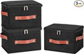 3PCS Storage Bins Boxes with Zippered Lids Cotton Linen Fabric Decorative Basket PU Leather Handles PP Plastic Board Foldable Lidded Clothing Shelf Closet Organizer Container (Black, Small)