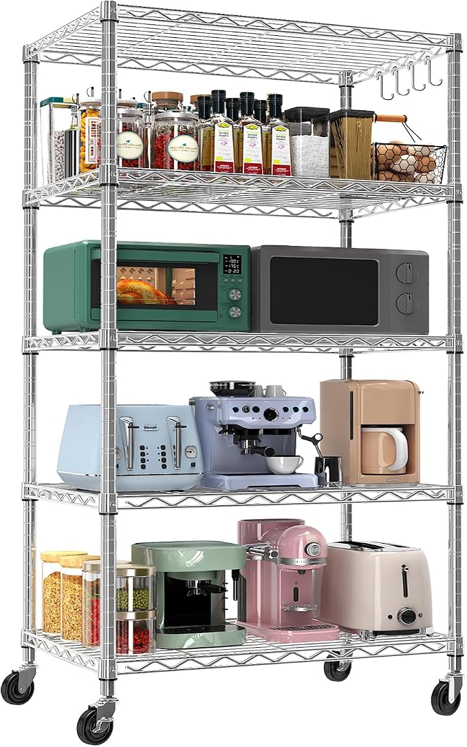 24" Wx18 Dx75 H Chrome Storage Shelves with Wheels, 5 Tier Wire Shelving Adjustable Metal Shelving Pantry Shelves Capacity 1250LBS for Garage Shelving, Pantry, Kitchen, Closet, Commercial