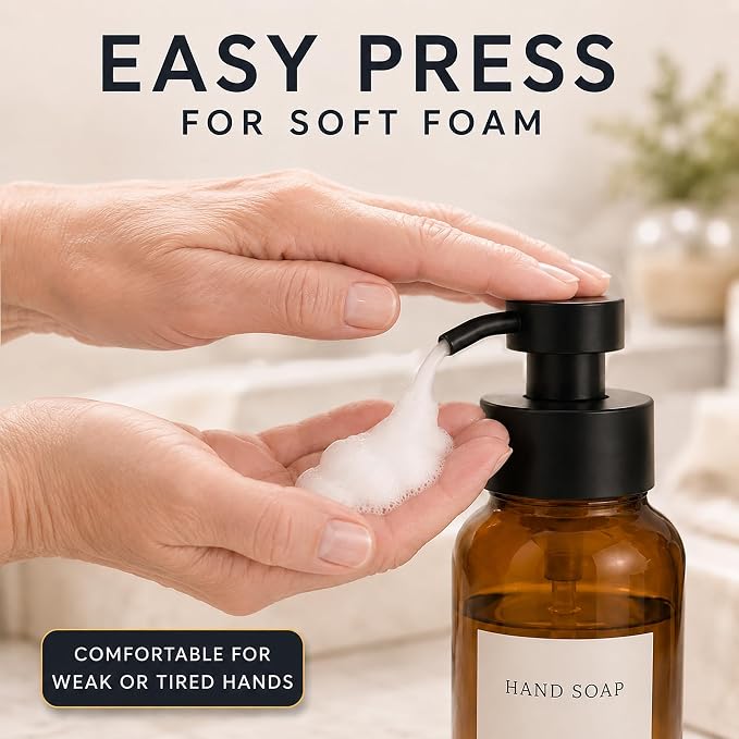 2 Pcs Amber Glass Foaming Soap Dispenser - 8.5 Oz Refillable Glass Foaming Hand Soap Dispenser, Non-Slip Bottom, 6 Moisture-Resistant Labels - Elegant Pump Bottles for Bathroom & Kitchen Counter Decor