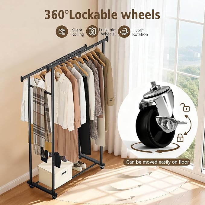 Clothes Rack,Rolling Clothing Rack for Hanging Clothes, Garment Rack Sturdy Clothing Rack Portable Wardrobe Rack Metal Closet Rack for Bedroom Laundry Living Room, Black