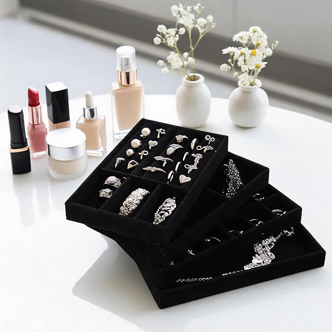 8 Pack 4 Styles Velvet Jewelry Tray, 8" x 5" Jewelry Organizer Tray Stackable Jewelry Storage Tray, Drawer Jewelry Tray for Rings, Earrings, Necklace, Bracelet, Black
